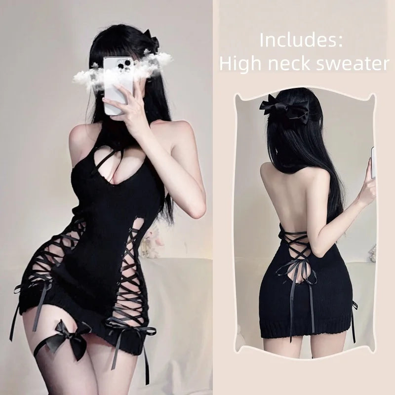 Lingerie Deep V-neck High Neck Knitted Sweater Plus Size Passionate Flirtatious No Take Off Short Skirt