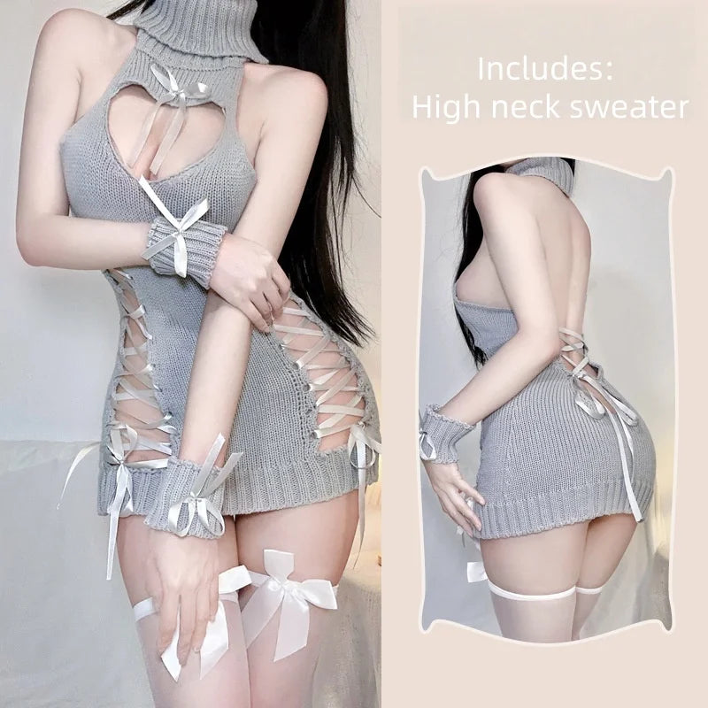 Lingerie Deep V-neck High Neck Knitted Sweater Plus Size Passionate Flirtatious No Take Off Short Skirt
