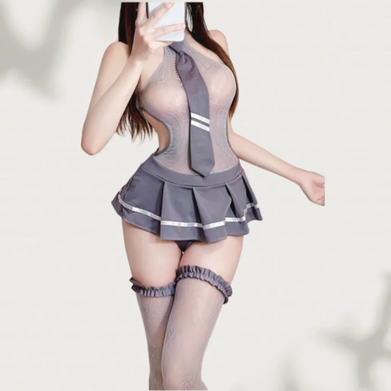 Lingerie Dress Sweet Cool Junior Girl Gray Mesh Dress Set Student Uniform Silk Stockings One-piece Short Skirt