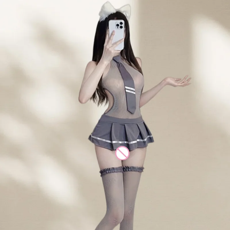 Lingerie Dress Sweet Cool Junior Girl Gray Mesh Dress Set Student Uniform Silk Stockings One-piece Short Skirt
