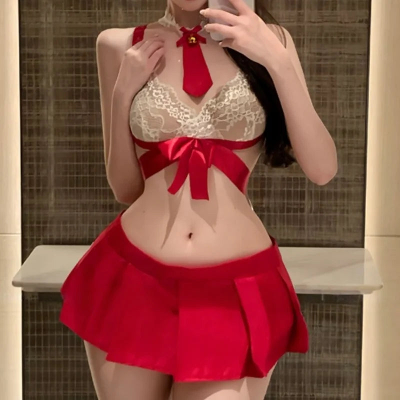 Provocative Girl JK Uniform Erotic Lingerie Lace See-through Cross-strapped Pure Desire Bowknot Seductive