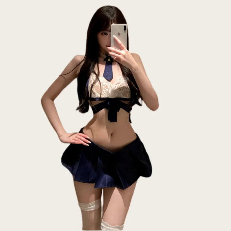 Provocative Girl JK Uniform Erotic Lingerie Lace See-through Cross-strapped Pure Desire Bowknot Seductive