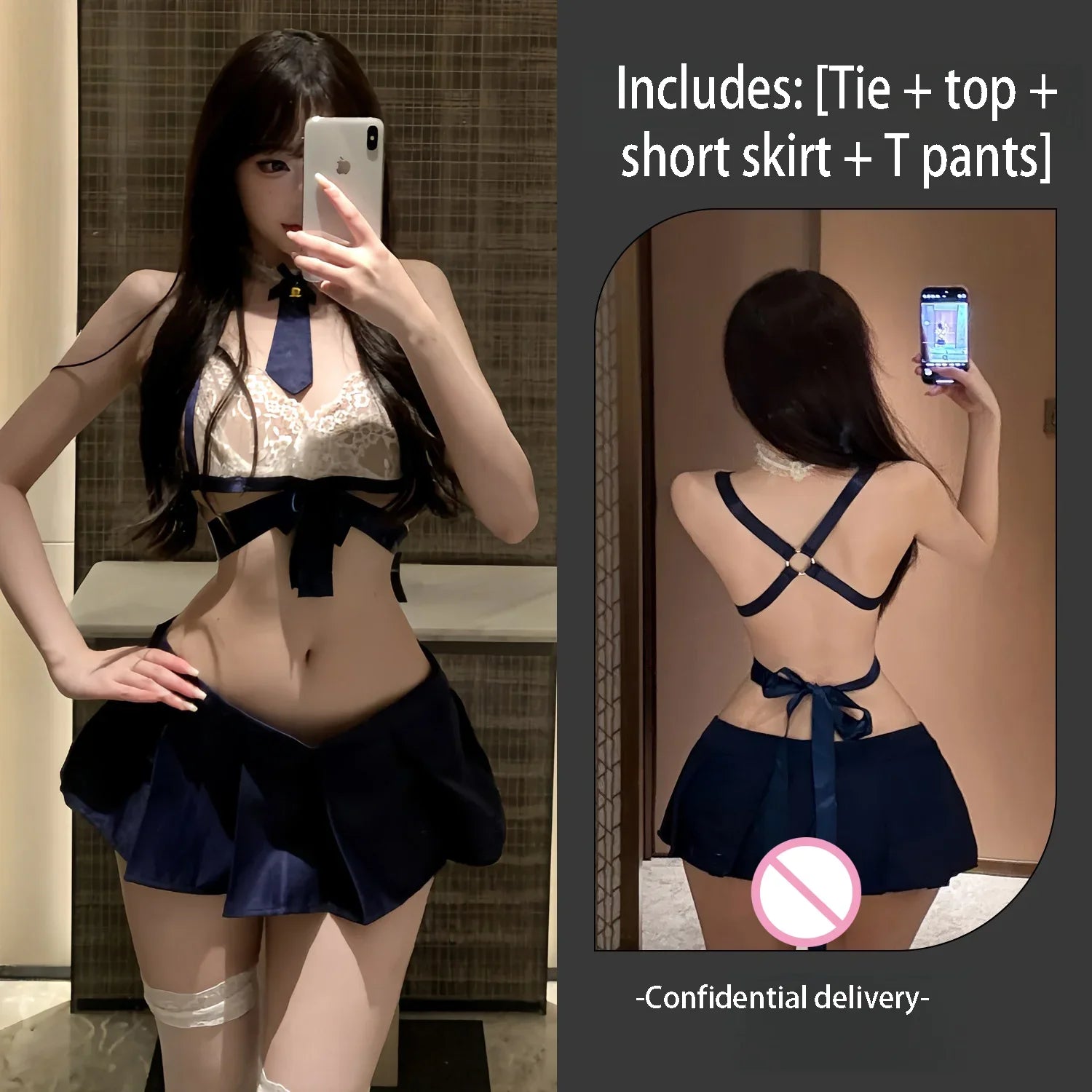 Provocative Girl JK Uniform Erotic Lingerie Lace See-through Cross-strapped Pure Desire Bowknot Seductive