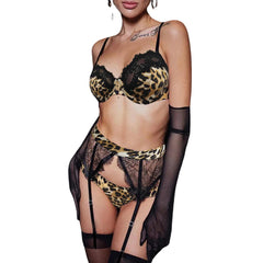 Temptation Personalized Bra Set with Patchwork Leopard Pattern Hollow Out Nightclub Fun Four Piece Set with Steel Rim