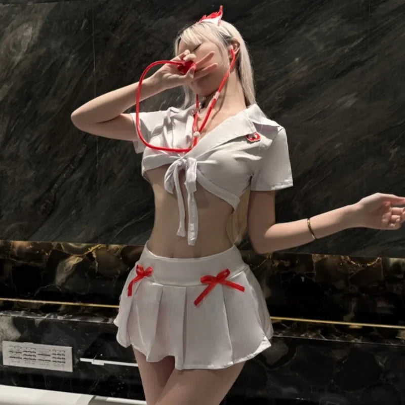 and Pure Desire COS Nurse Uniform Bowknot JK Style Strap with Exposed Waist Lingerie Bold No-removal Nurse Outfit