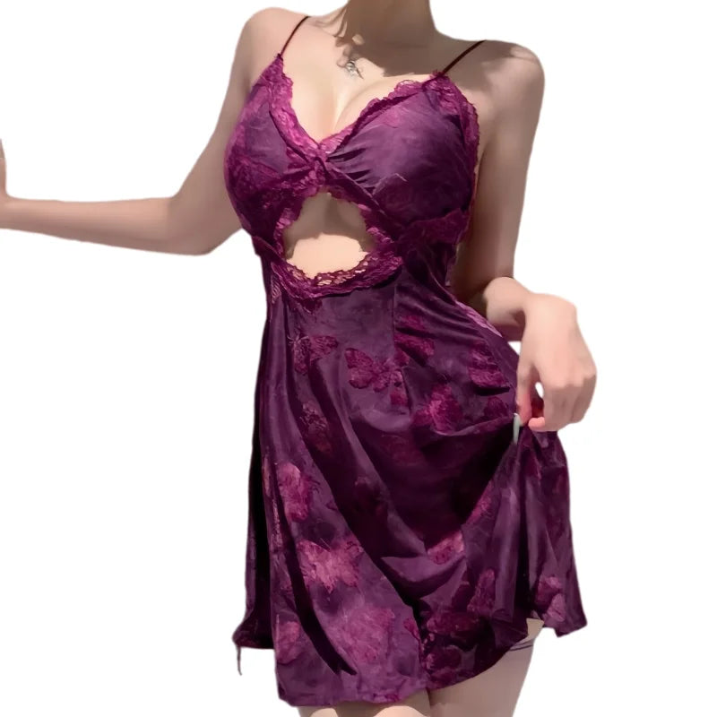 Sleeveless Temptation Flirtatious Comfortable Suspender Dress Backless Lace Butterfly Pattern Nightgown Sheer Sensual