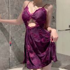 Sleeveless Temptation Flirtatious Comfortable Suspender Dress Backless Lace Butterfly Pattern Nightgown Sheer Sensual