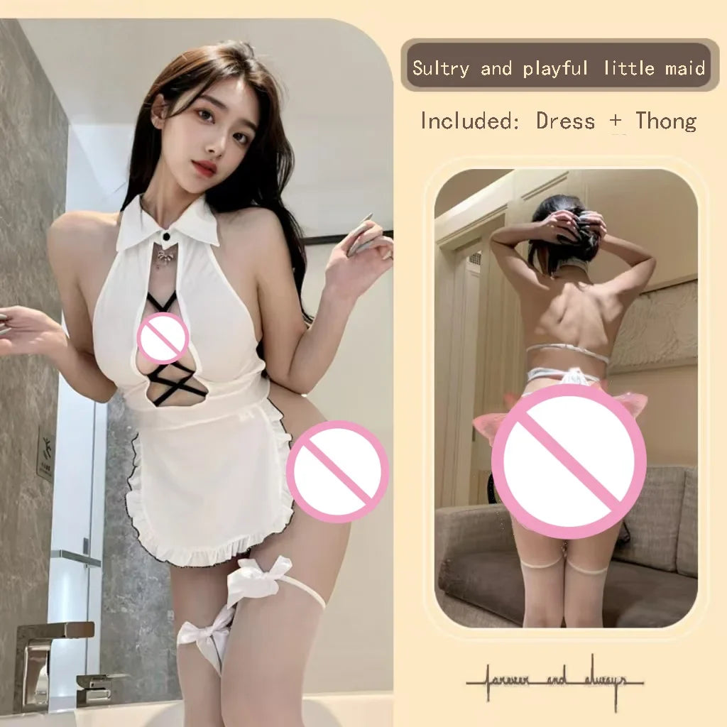 Style Provocative Bold Seductive Pure Desire Loose Straps Exposed Chest Japanese Maid Backless Lingerie Uniform Sweet Set