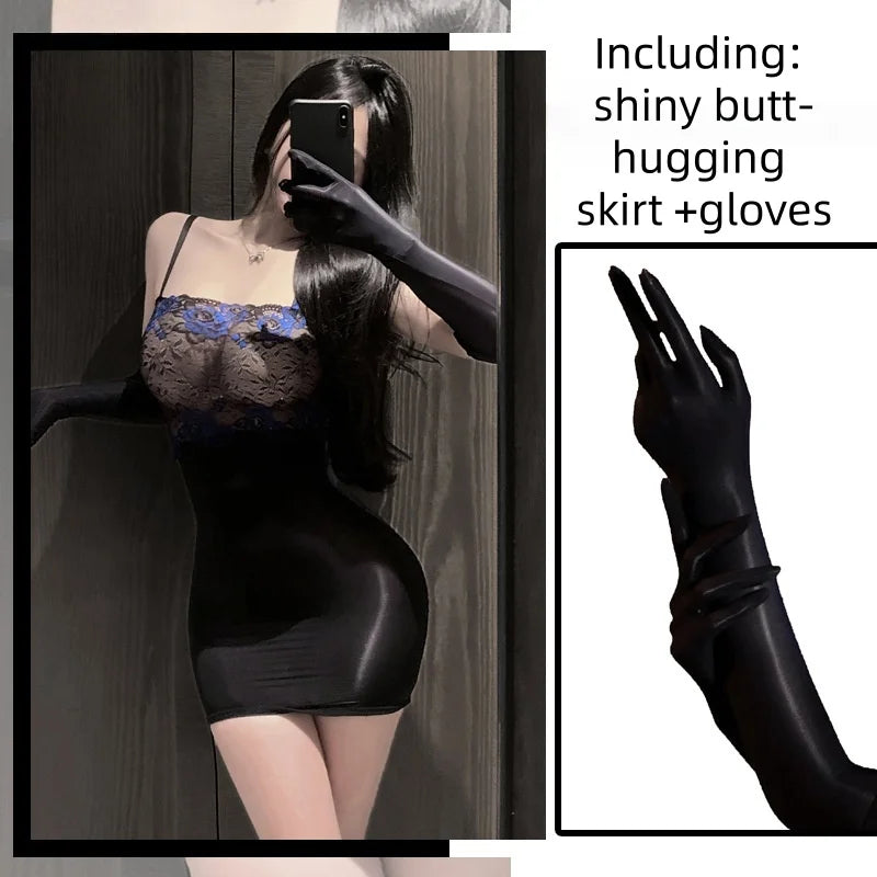 Style See-through Lace Camisole with Straps Hip-hugging Skirt Fun Underwear Silky Shiny Stockings Tight-fitting Dress