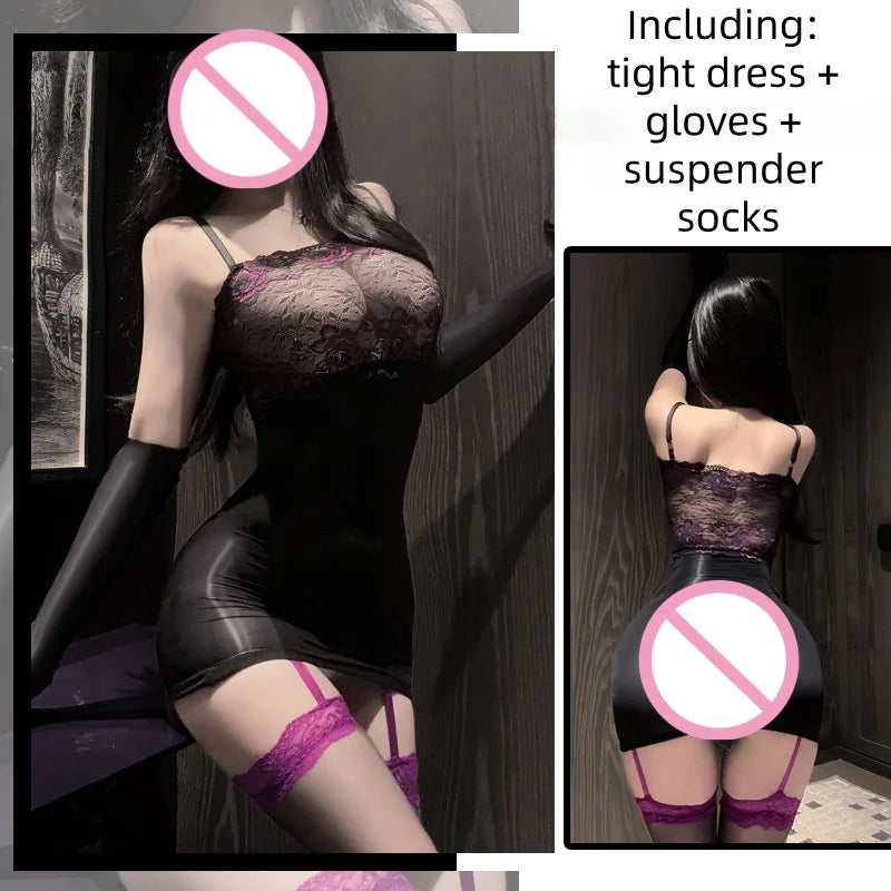 Style See-through Lace Camisole with Straps Hip-hugging Skirt Fun Underwear Silky Shiny Stockings Tight-fitting Dress