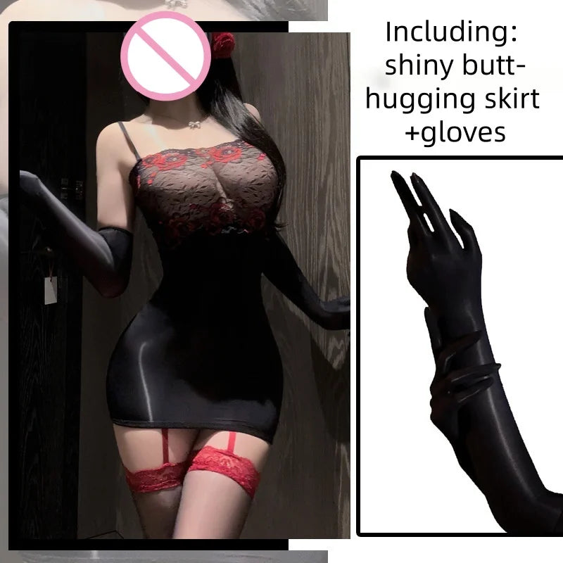 Style See-through Lace Camisole with Straps Hip-hugging Skirt Fun Underwear Silky Shiny Stockings Tight-fitting Dress