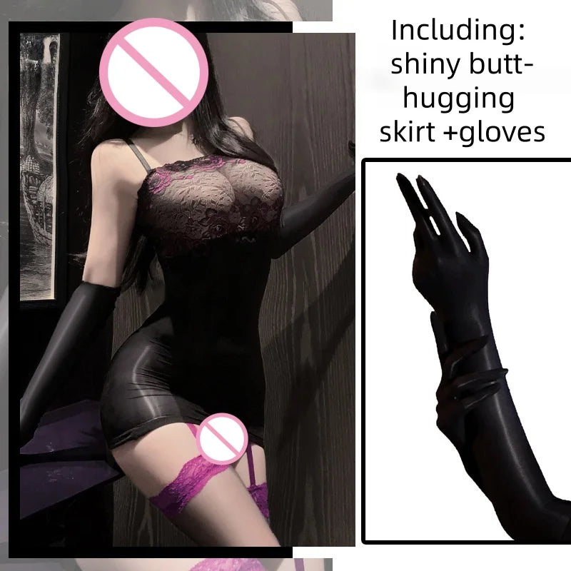 Style See-through Lace Camisole with Straps Hip-hugging Skirt Fun Underwear Silky Shiny Stockings Tight-fitting Dress
