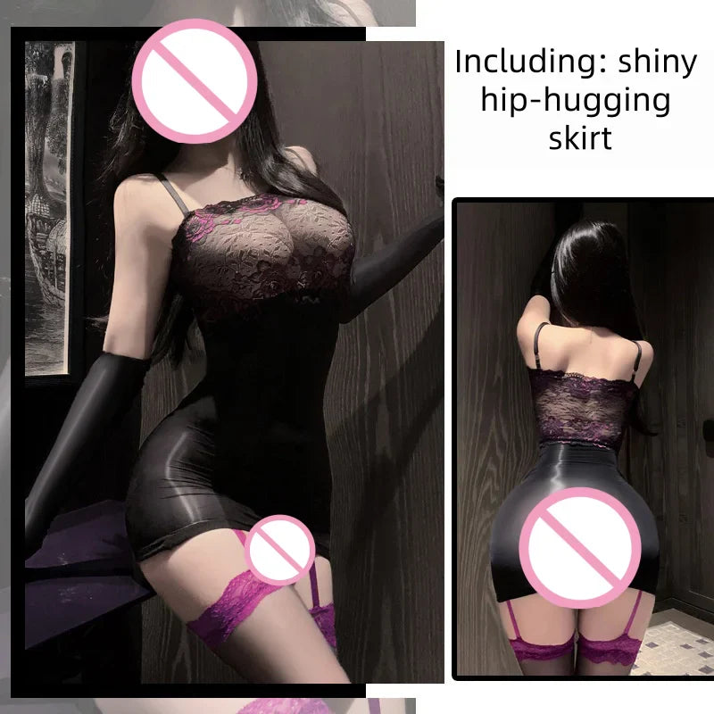 Style See-through Lace Camisole with Straps Hip-hugging Skirt Fun Underwear Silky Shiny Stockings Tight-fitting Dress