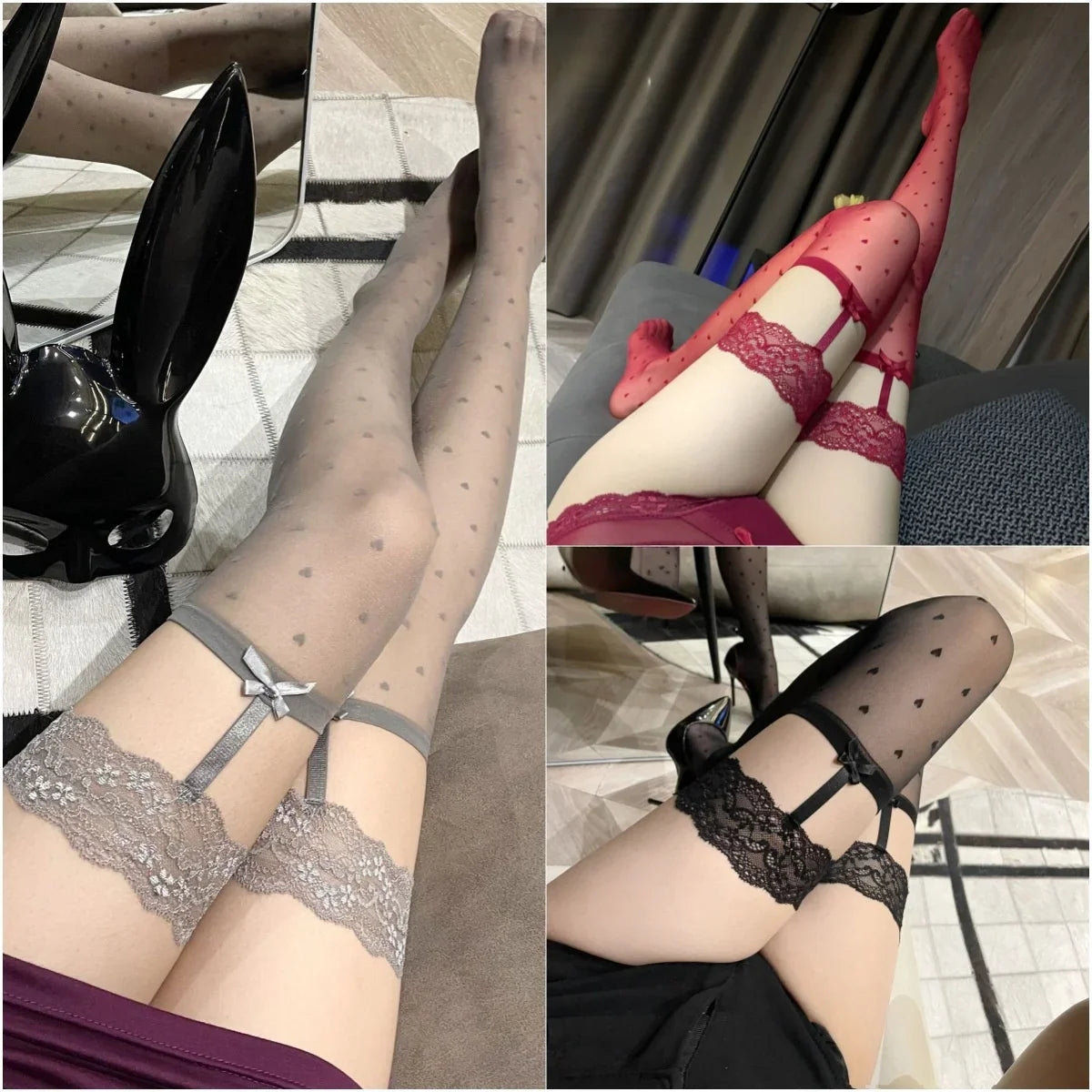 Style Versatile Lace Leg Rings with Heart Bowknots Black Stockings Knee-high Fun Stockings
