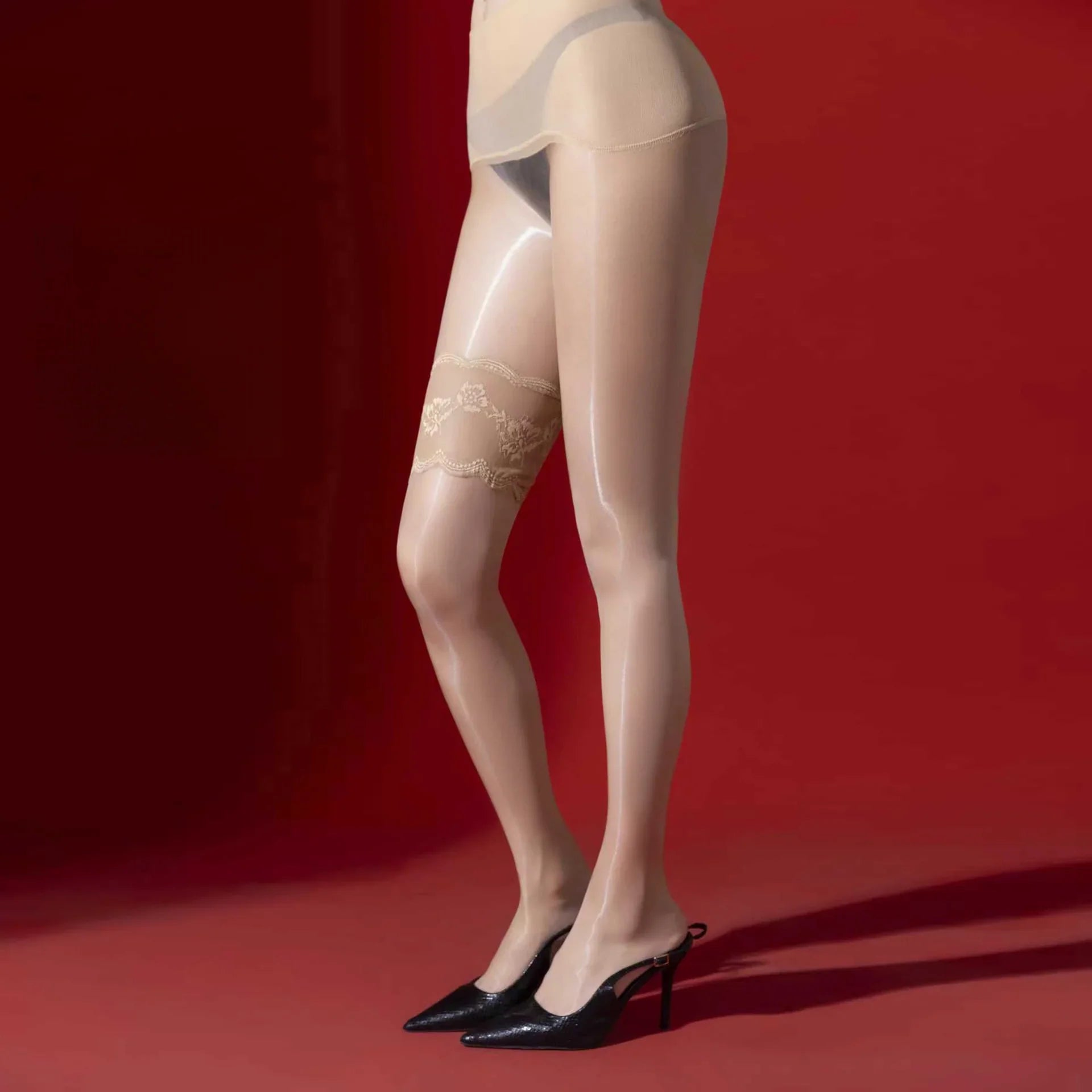 Style Versatile Seductive Aurora Black Silk Fake Two-piece Lace-spliced Stockings 3D Erotic Stockings Seamless Shiny Tights