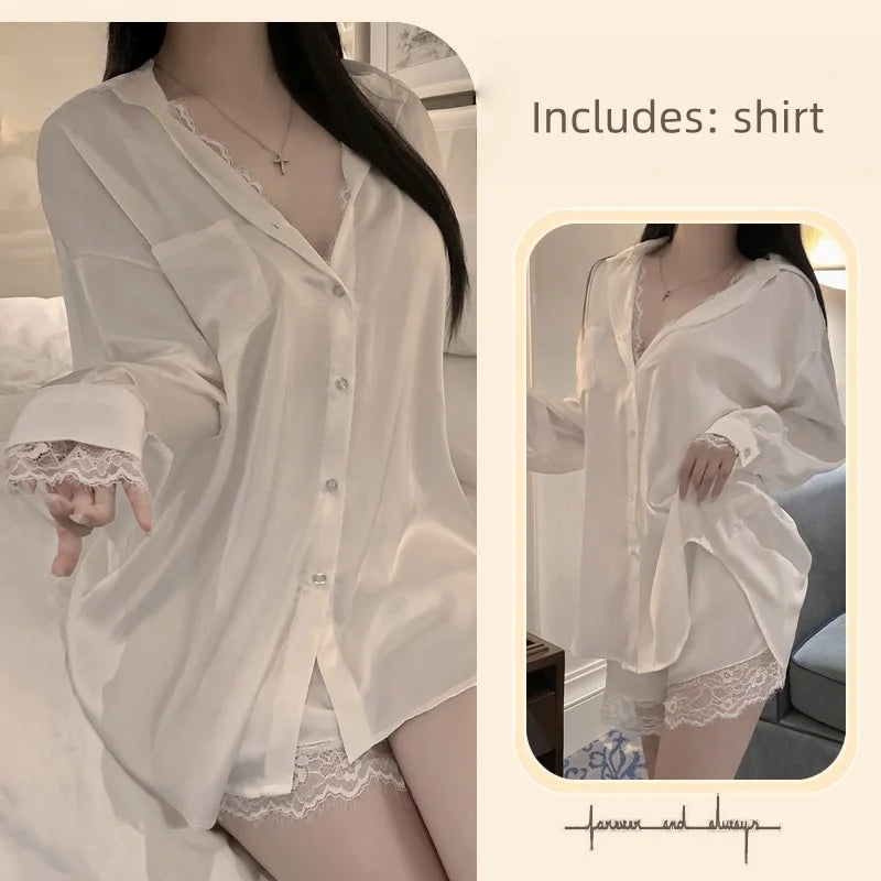 Summer Cool Leisure Comfortable Loose Shirt Lace Erotic Ice Silk Shirt Skirt Home Suit Set
