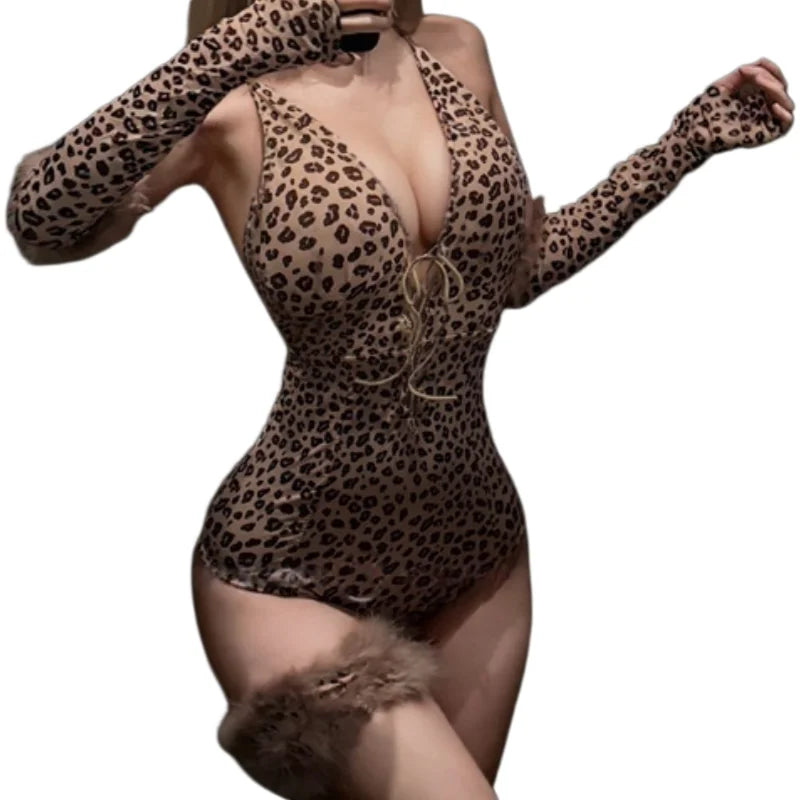 Summer Slim Fit Temptation Seductive Exposed Wildcat Leopard Print Cross Tie Uniform Seduction Suit Female