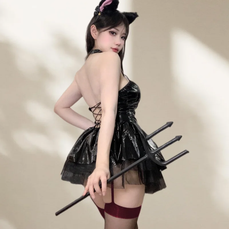 Sweet Cute Flirtatious Lingerie Agile Night Elf Glossy Patent Leather PU Leather Puffy Short Skirt Succubus Uniform Set