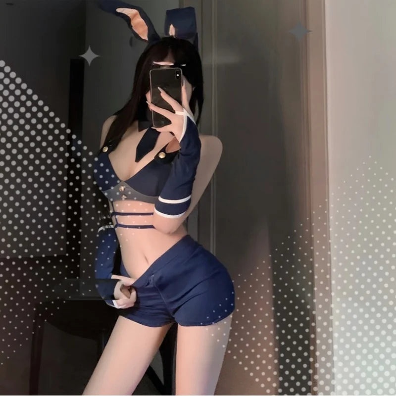 Sweet Fairy Backless Mini Expose Chest Open-crotch Pure Desire Split Body Bunny Girl Patrol Officer Uniform Erotic Lingerie