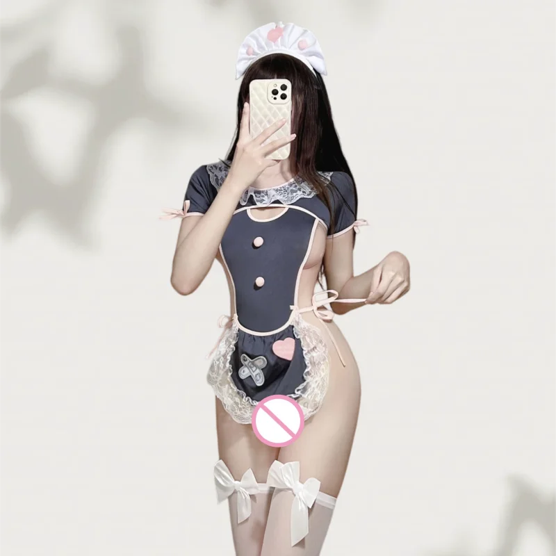Sweet Fairy  Expose Chest Mini Maid Outfit Lingerie Open Cut Uniform Tempting Jumpsuit Mesh Lace Hollow-out