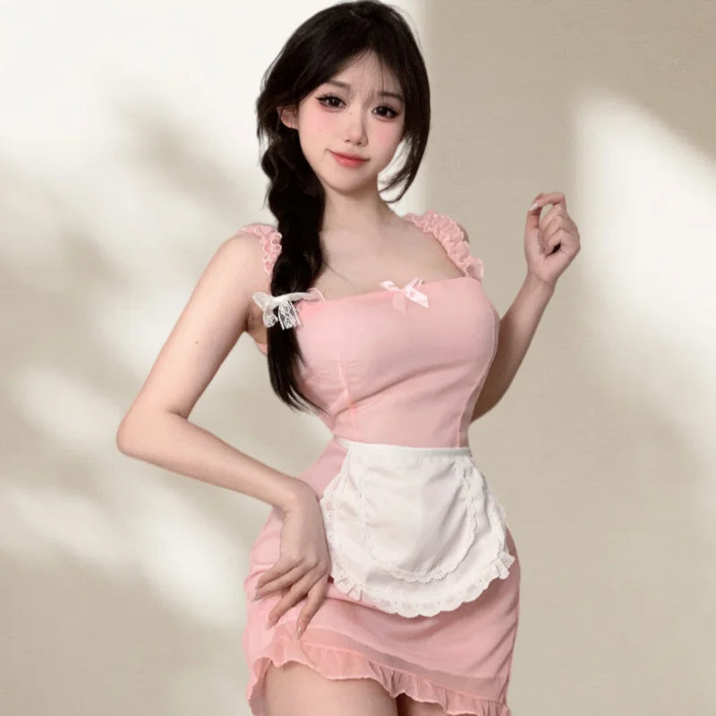 Sweet Lace Hemline Bow Off-shoulder Backless Japanese Innocent Maid Camisole Dress Cosplay Lingerie Maid Pure Cute Set