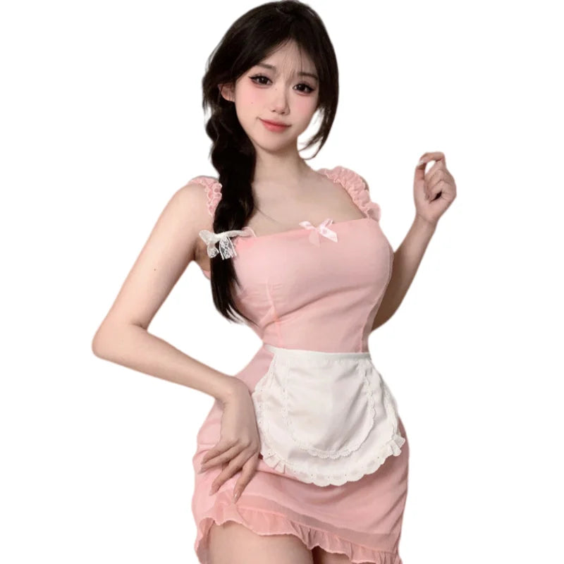 Sweet Lace Hemline Bow Off-shoulder Backless Japanese Innocent Maid Camisole Dress Cosplay Lingerie Maid Pure Cute Set