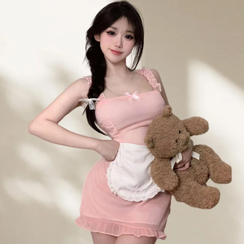 Sweet Lace Hemline Bow Off-shoulder Backless Japanese Innocent Maid Camisole Dress Cosplay Lingerie Maid Pure Cute Set