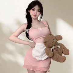 Sweet Lace Hemline Bow Off-shoulder Backless Japanese Innocent Maid Camisole Dress Cosplay Lingerie Maid Pure Cute Set