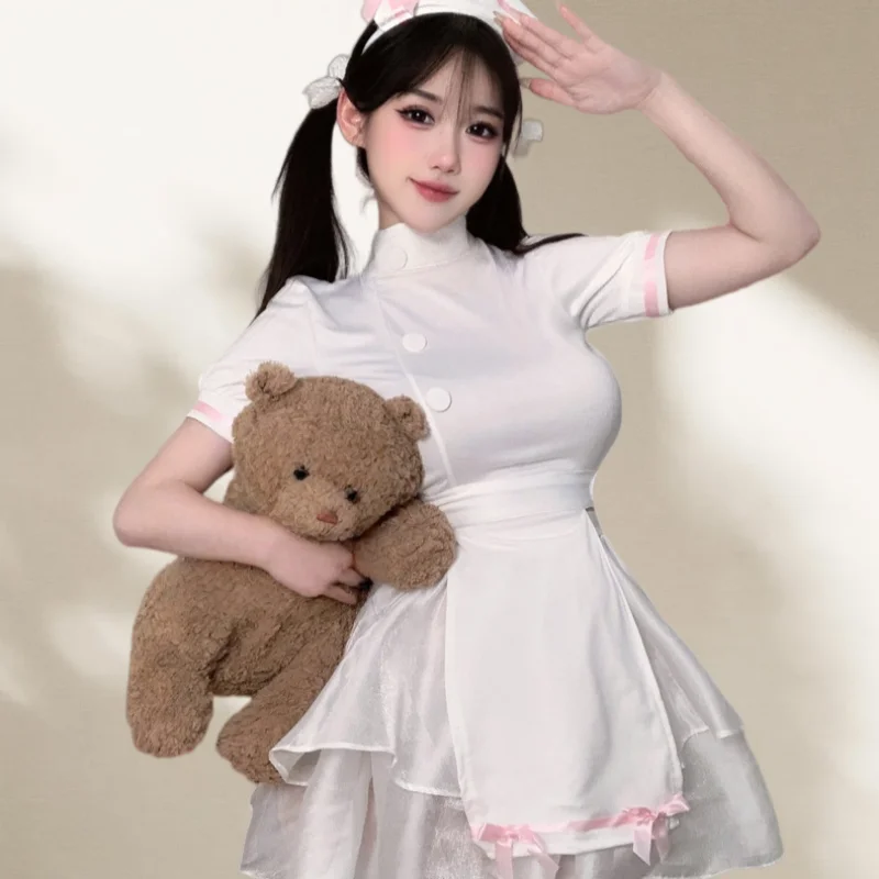 Sweet Gentle Backless Skirt Well-behaved Sweet Nurse Uniform Lingerie Fluffy Gauze Skirt Pure Desire Suit