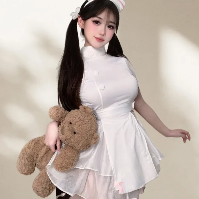 Sweet Gentle Backless Skirt Well-behaved Sweet Nurse Uniform Lingerie Fluffy Gauze Skirt Pure Desire Suit