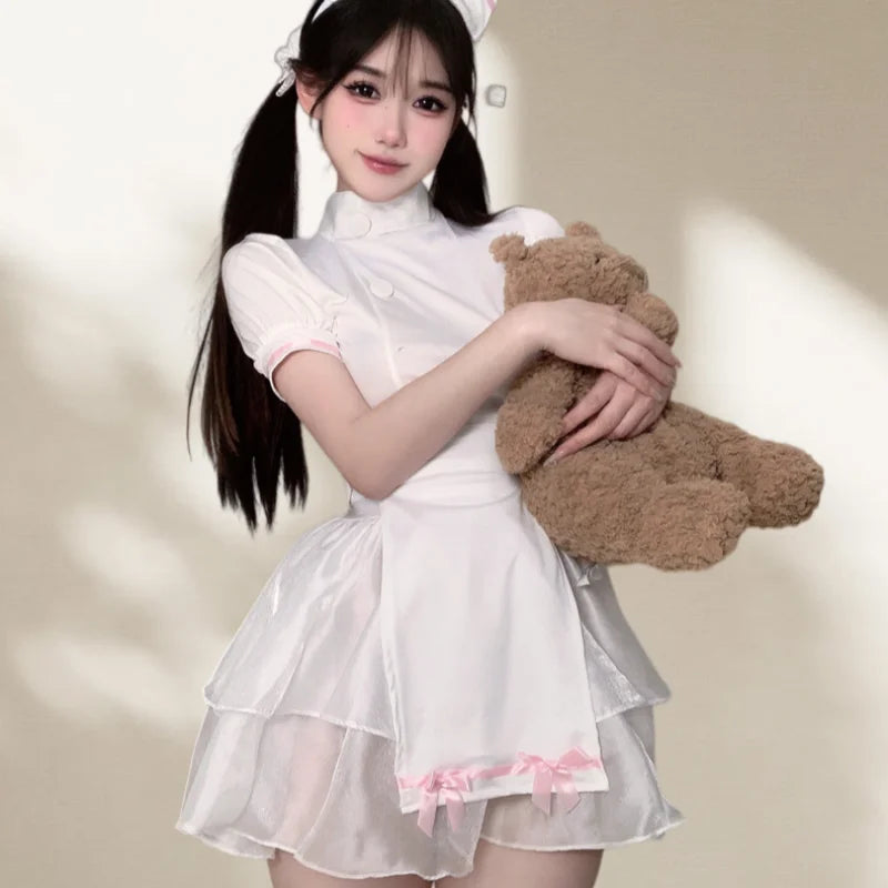 Sweet Gentle Backless Skirt Well-behaved Sweet Nurse Uniform Lingerie Fluffy Gauze Skirt Pure Desire Suit