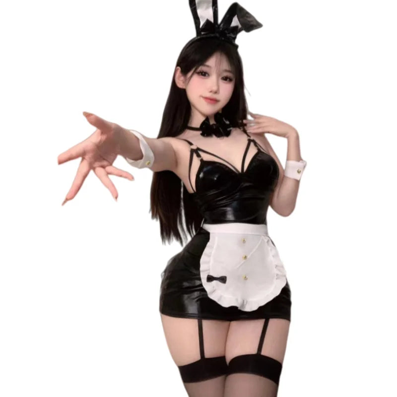 Sweet Lingerie Bunny Girl Patent Leather Maid Uniform Tight Fitting Hip Hugging Skirt Seductive Outfit