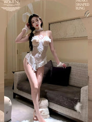 Sweet Tempting Playful Cute Rabbit Girl Uniform Set with Perspective Strap and Strip Support Jumpsuit Underwear