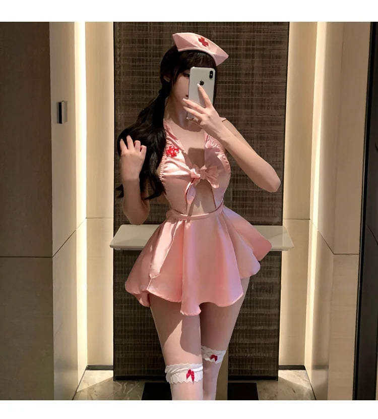 Sweet and Deep V Neckline Halter Lingerie COS Nurse Uniform Style with A Large Open Back and Flirtatious Nurse