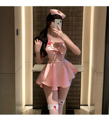 Sweet and Deep V Neckline Halter Lingerie COS Nurse Uniform Style with A Large Open Back and Flirtatious Nurse