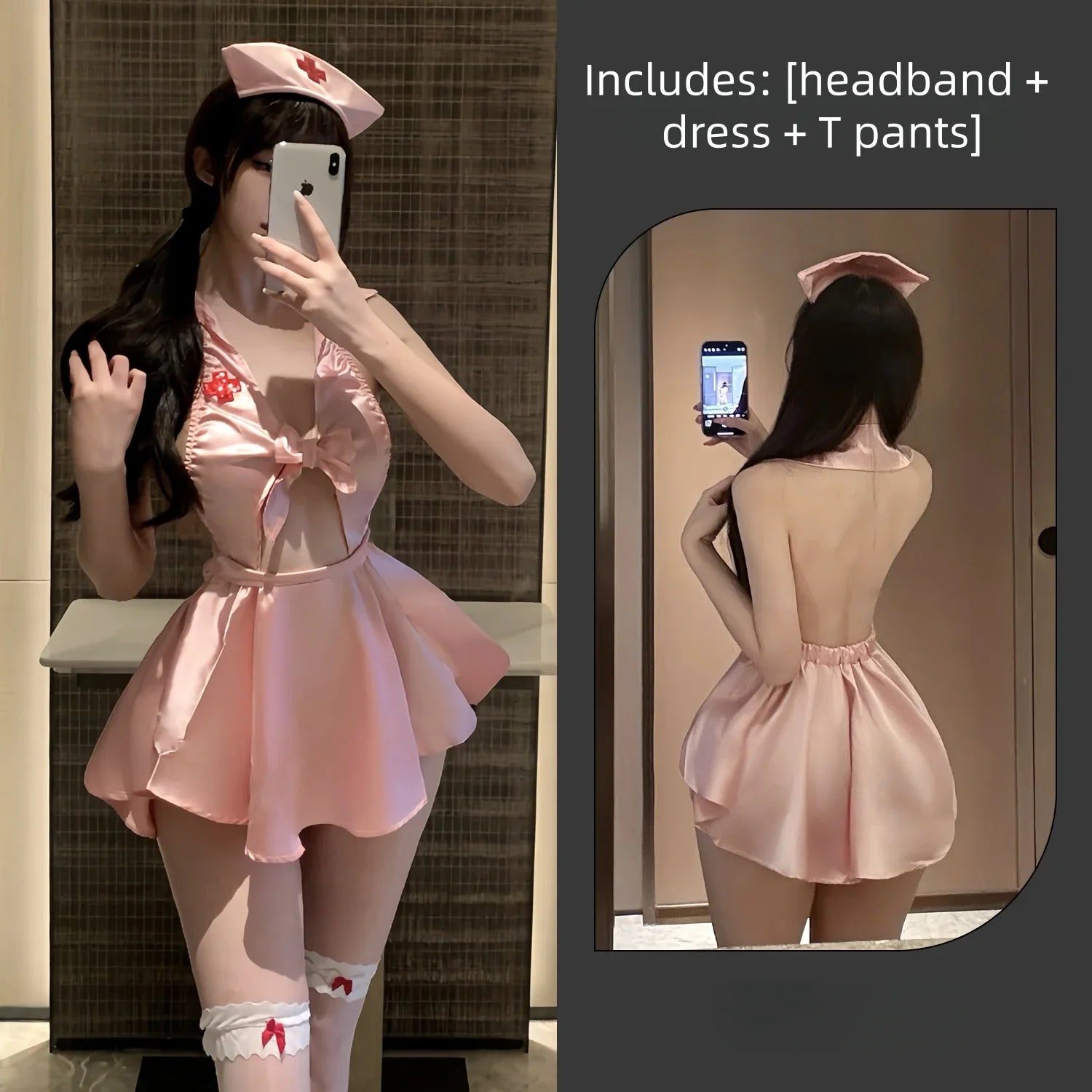 Sweet and Deep V Neckline Halter Lingerie COS Nurse Uniform Style with A Large Open Back and Flirtatious Nurse