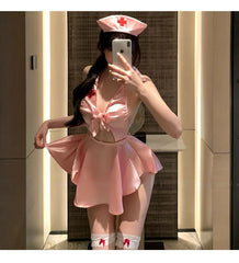 Sweet and Deep V Neckline Halter Lingerie COS Nurse Uniform Style with A Large Open Back and Flirtatious Nurse