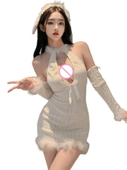 Sweet and Halter Deep V Plush Strap Hip-hugging Dress Pure Seductive Erotic Lingerie See-through COS Christmas Costume