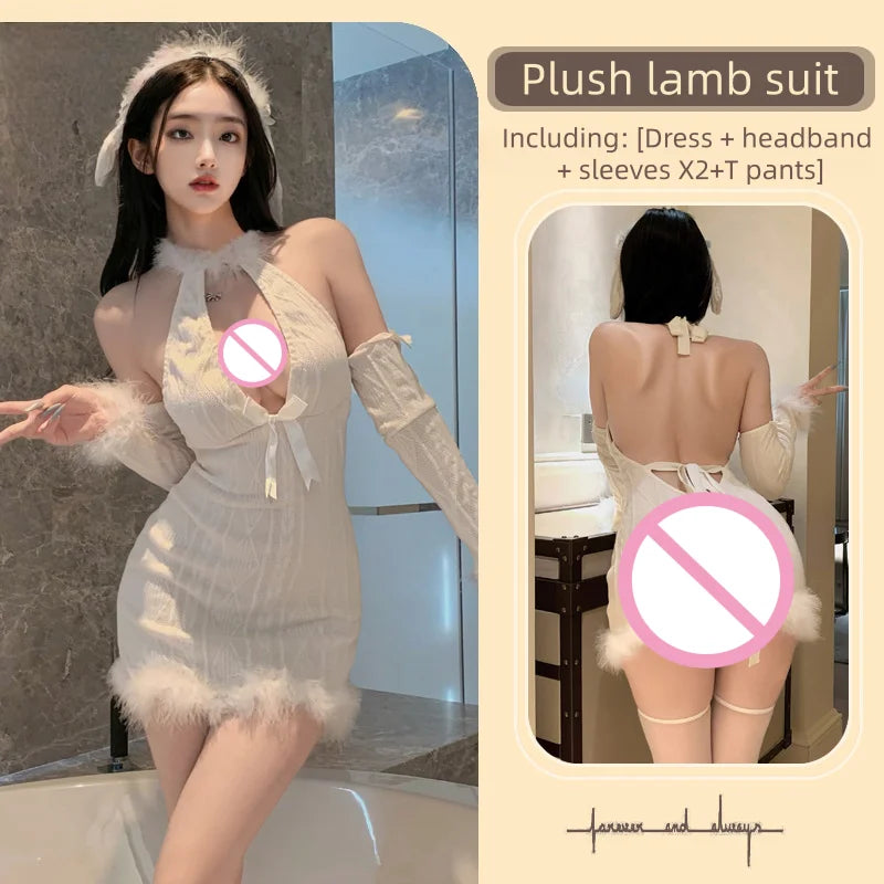 Sweet and Halter Deep V Plush Strap Hip-hugging Dress Pure Seductive Erotic Lingerie See-through COS Christmas Costume
