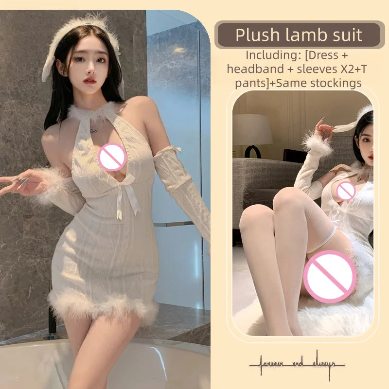 Sweet and Halter Deep V Plush Strap Hip-hugging Dress Pure Seductive Erotic Lingerie See-through COS Christmas Costume