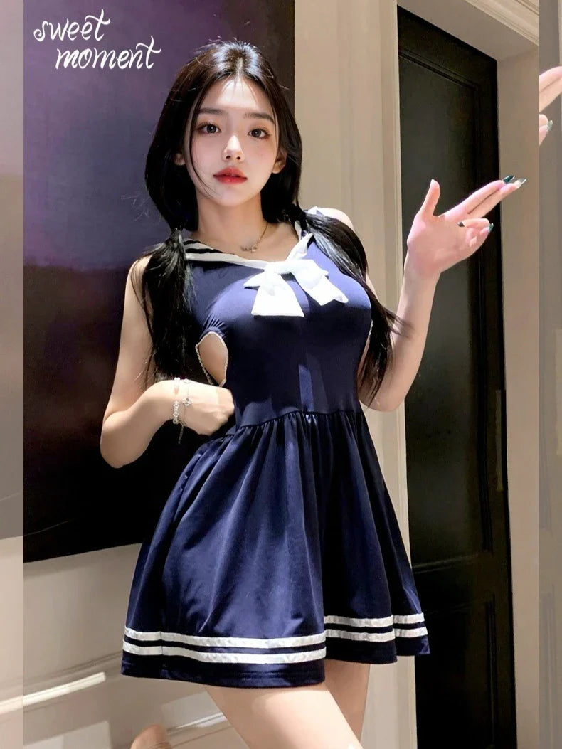 Sweet and Spicy College Style Sheer and Fitted Waist Uniform Pure Seductive Lingerie Navy Style Contrast Color Dress
