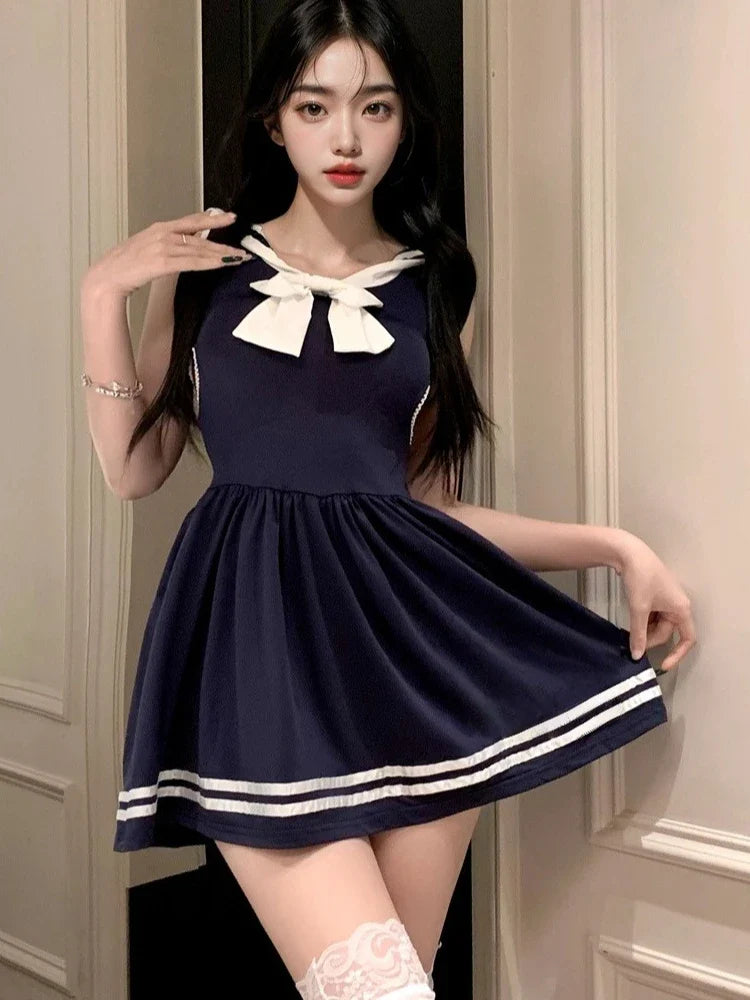 Sweet and Spicy College Style Sheer and Fitted Waist Uniform Pure Seductive Lingerie Navy Style Contrast Color Dress