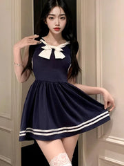 Sweet and Spicy College Style Sheer and Fitted Waist Uniform Pure Seductive Lingerie Navy Style Contrast Color Dress