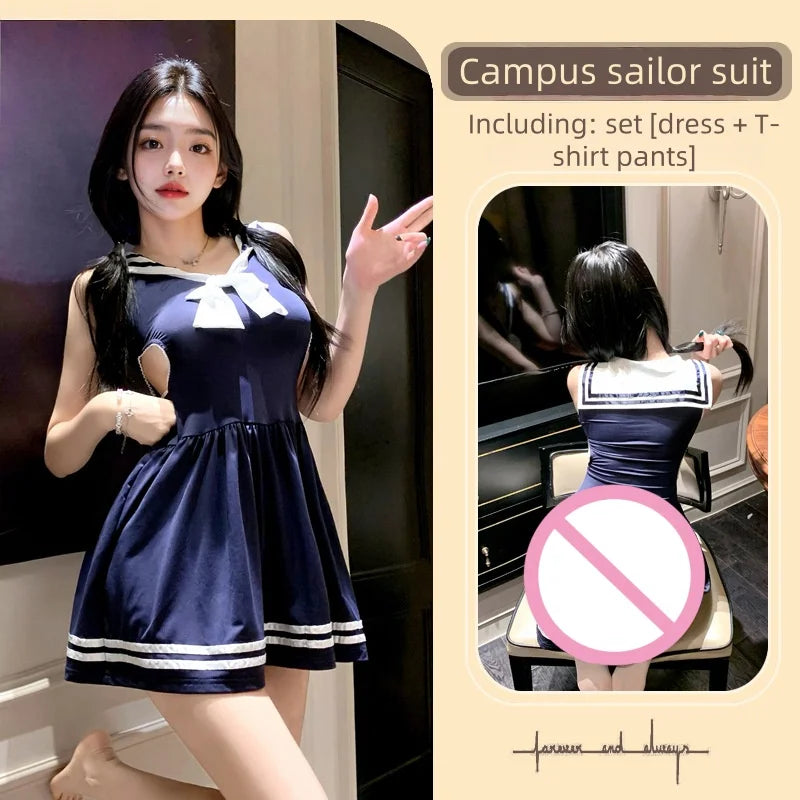 Sweet and Spicy College Style Sheer and Fitted Waist Uniform Pure Seductive Lingerie Navy Style Contrast Color Dress