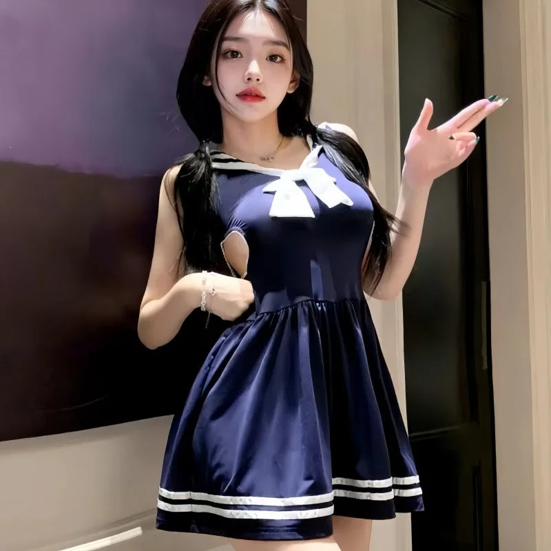Sweet and Spicy College Style Sheer and Fitted Waist Uniform Pure Seductive Lingerie Navy Style Contrast Color Dress