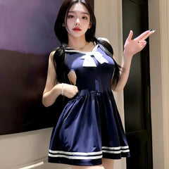 Sweet and Spicy College Style Sheer and Fitted Waist Uniform Pure Seductive Lingerie Navy Style Contrast Color Dress