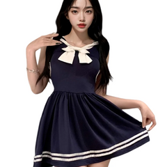 Sweet and Spicy College Style Sheer and Fitted Waist Uniform Pure Seductive Lingerie Navy Style Contrast Color Dress