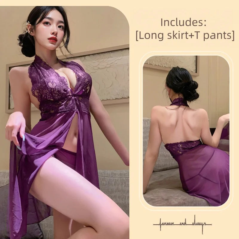 Temptation Thin Version Mesh Backless Lace Exposed Nightgown Deep V Hanging Neck Strap See Through Lingerie