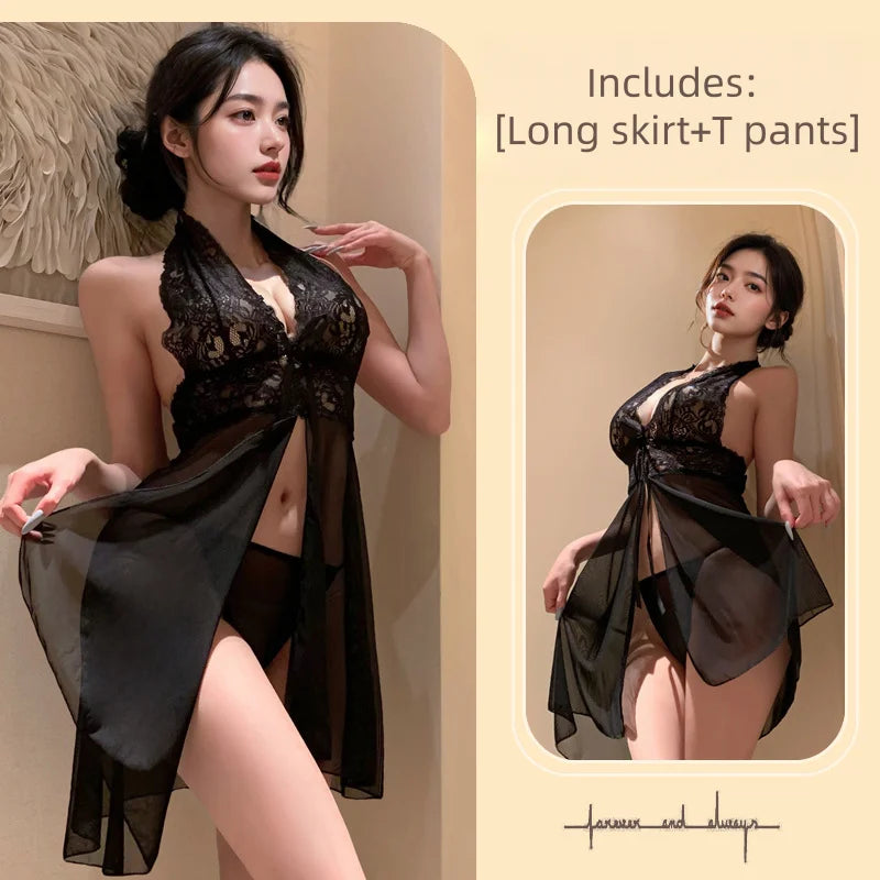 Temptation Thin Version Mesh Backless Lace Exposed Nightgown Deep V Hanging Neck Strap See Through Lingerie