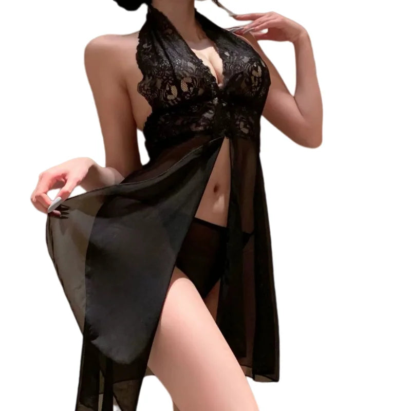 Temptation Thin Version Mesh Backless Lace Exposed Nightgown Deep V Hanging Neck Strap See Through Lingerie
